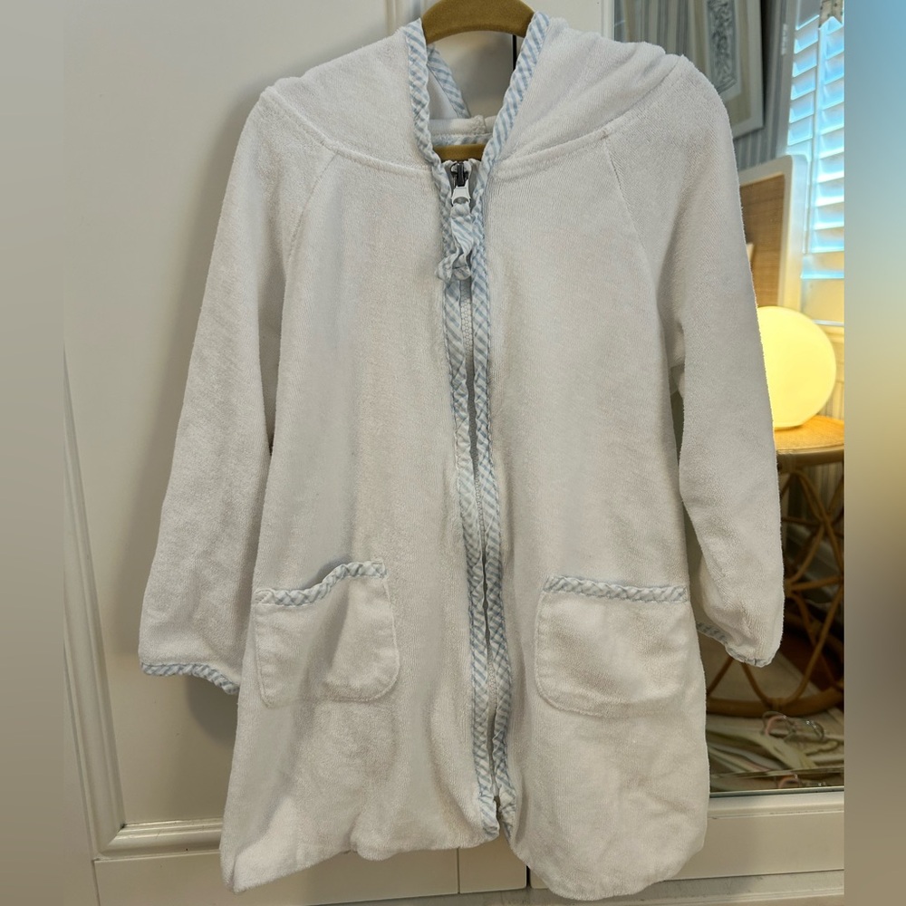 Minnow White Hooded Unisex Coverup with blue gingham trim